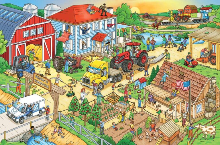Gezeichneter Bauernhof mit Häusern, Fahrzeugen, arbeitenden Menschen, Obstgarten und Tieren.